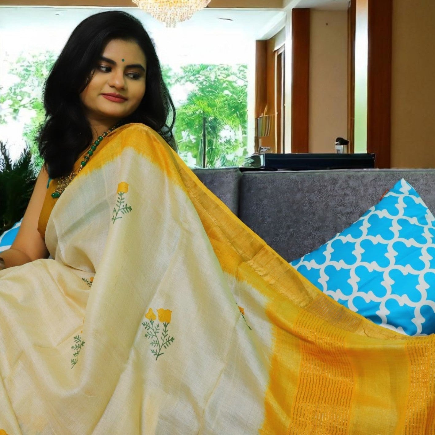 Off White Tussar Silk Saree with Yellow Floral Motifs
