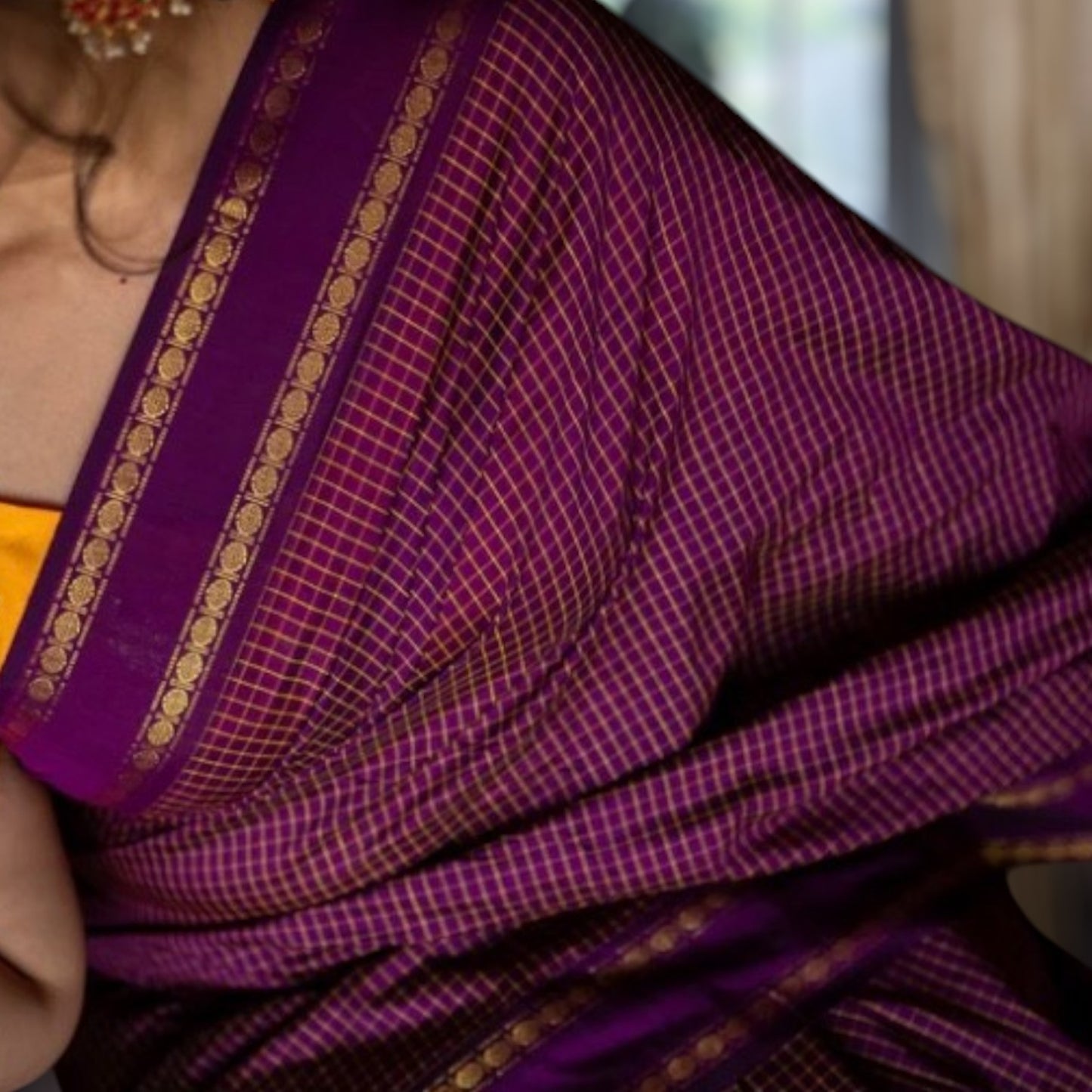 BELA - Wine Checkered Cotton Saree