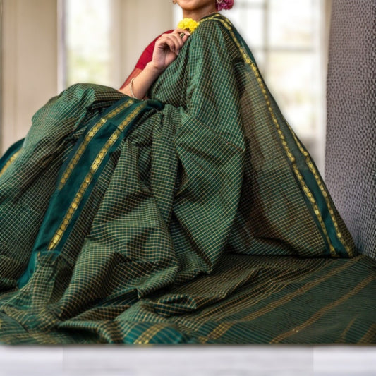 ANA - Dark Green Checkered Cotton Saree