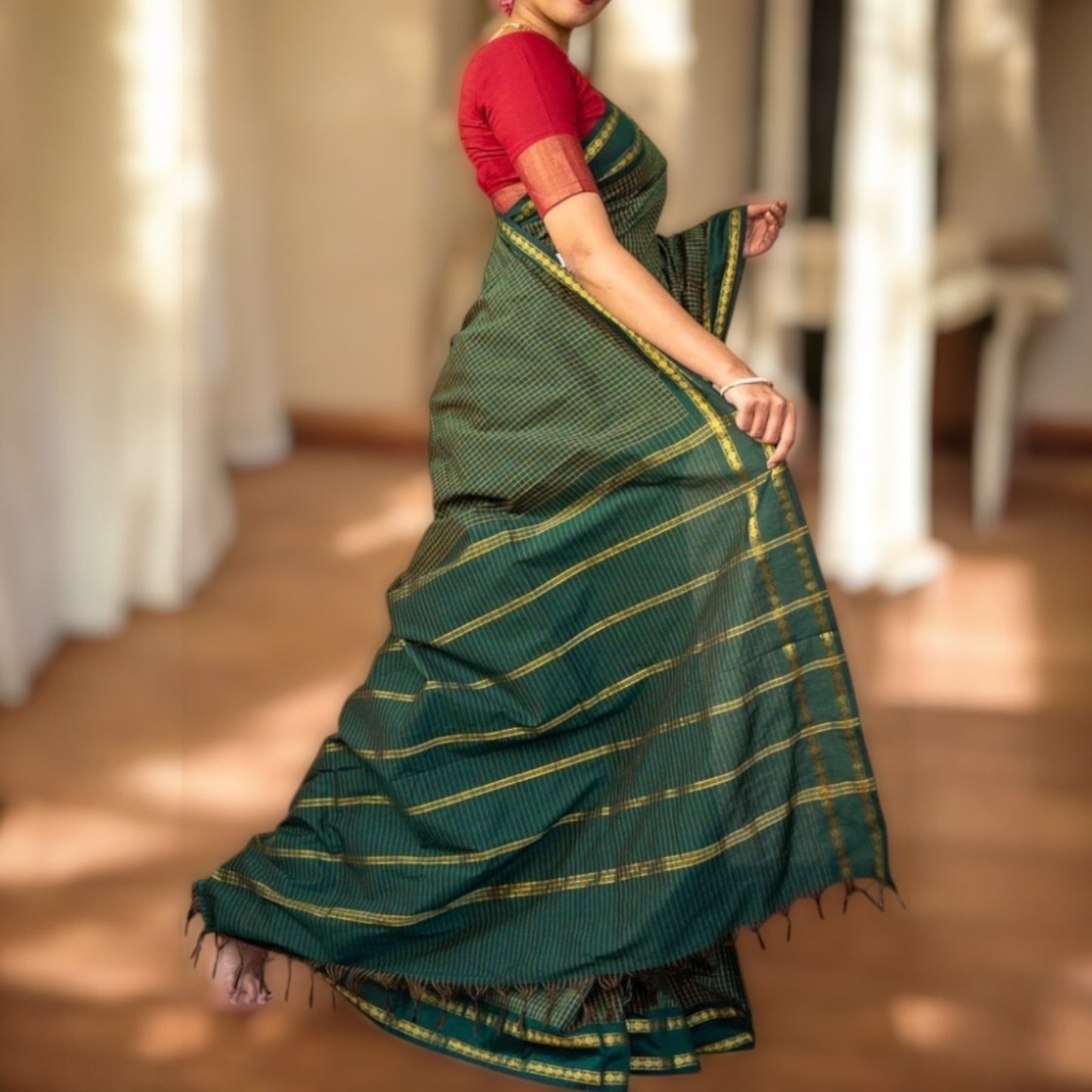 ANA - Dark Green Checkered Cotton Saree