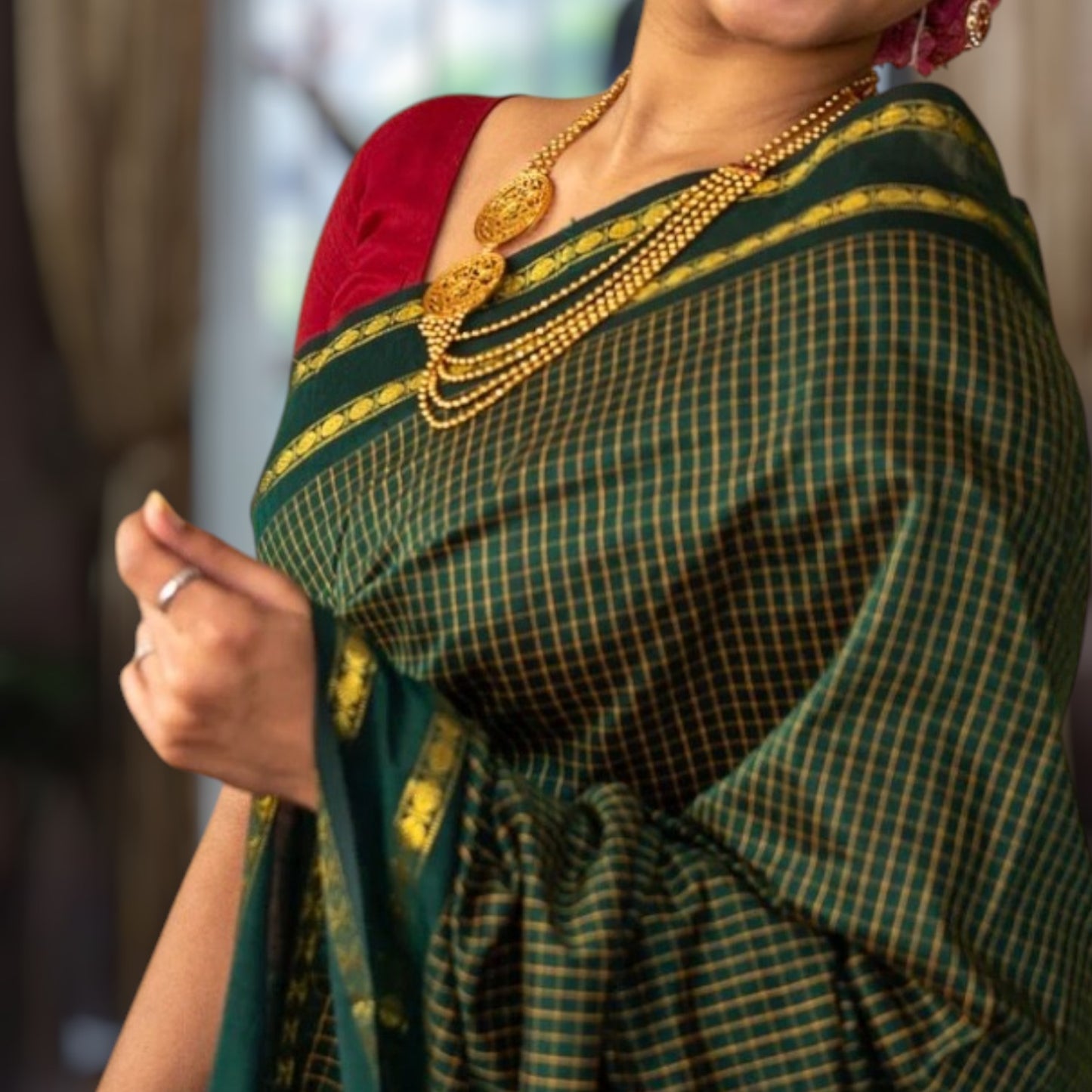 ANA - Dark Green Checkered Cotton Saree