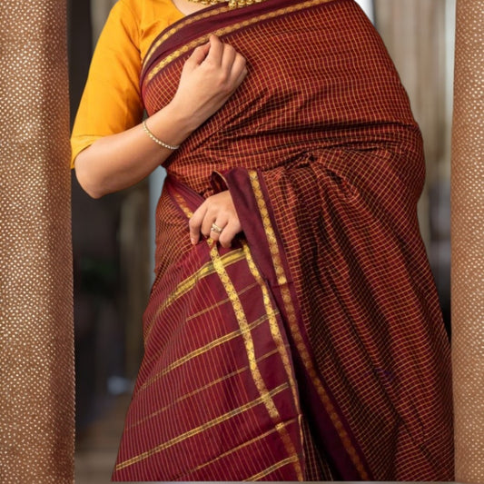 LAKSHMI - Maroon Checkered Cotton Saree