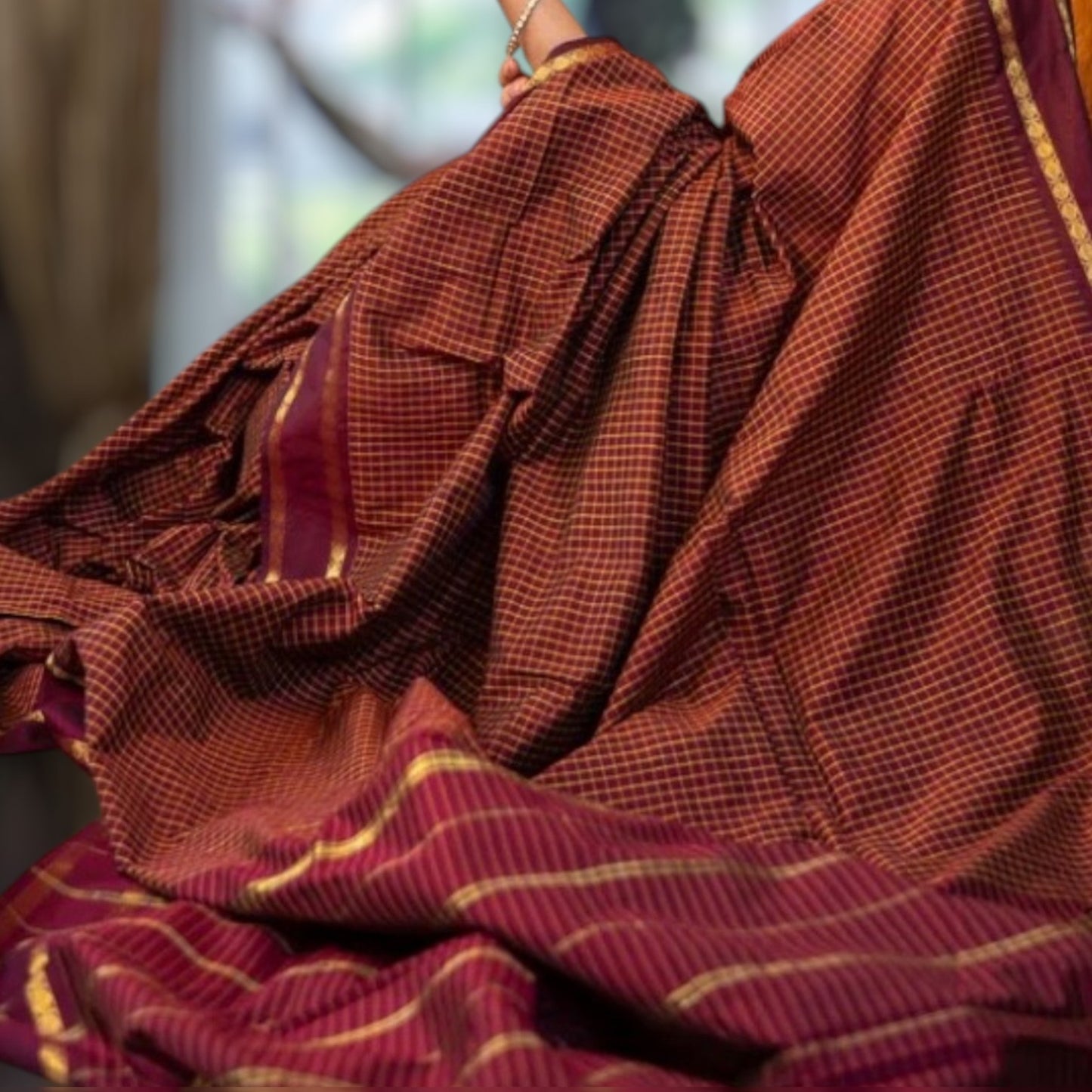 LAKSHMI - Maroon Checkered Cotton Saree