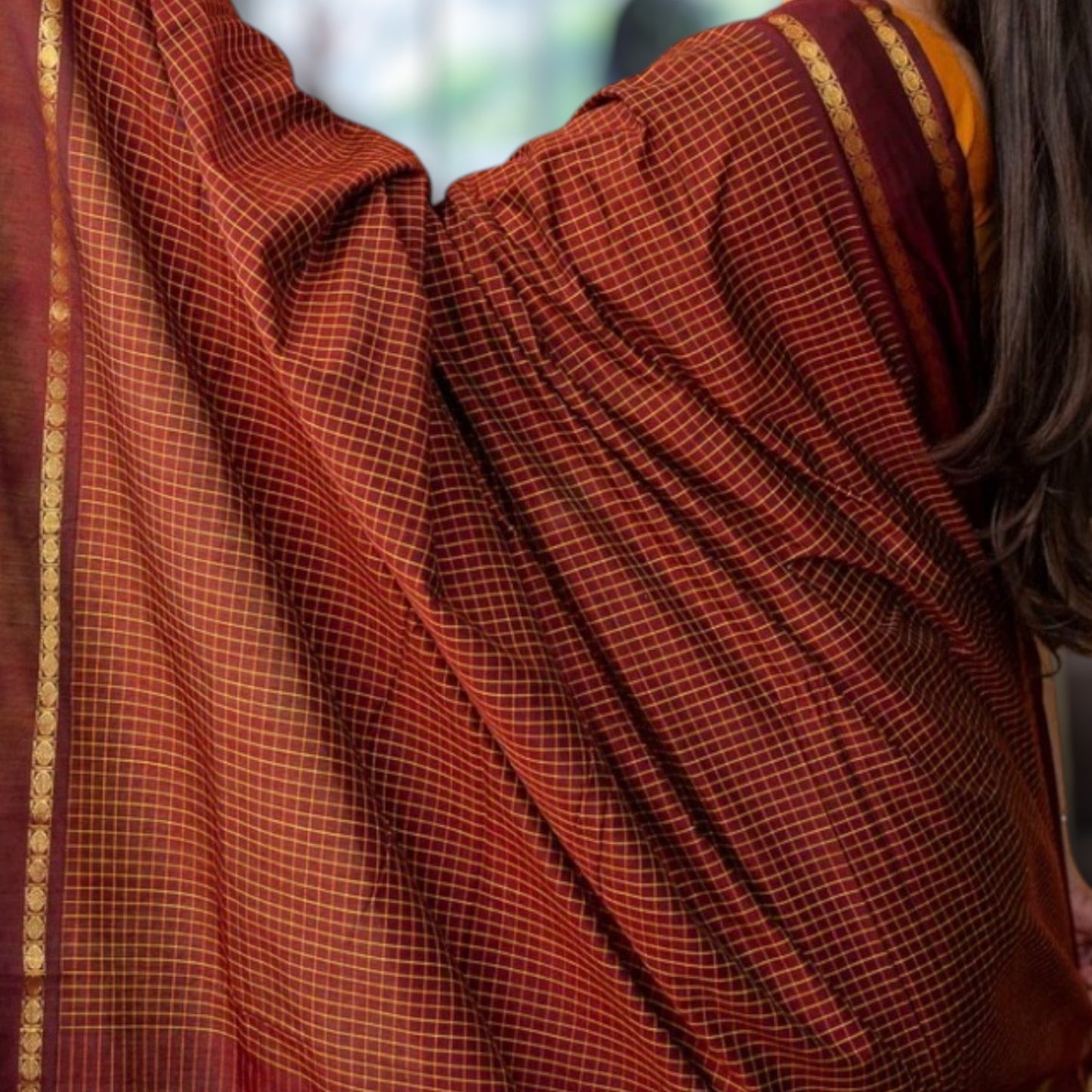 LAKSHMI - Maroon Checkered Cotton Saree