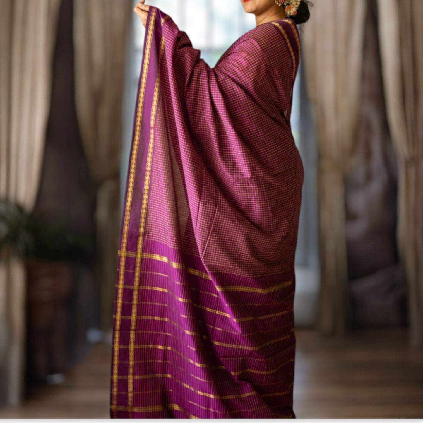 BELA - Wine Checkered Cotton Saree