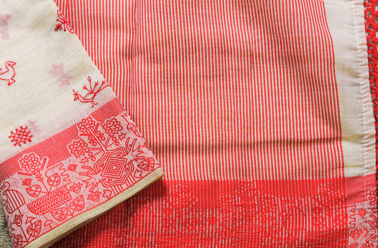 Gaura - Lal Sada Kantha Tussar Cotton Silk Saree