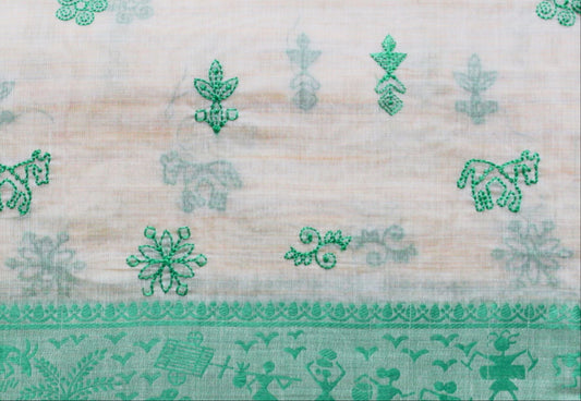 Kadambari - Off White Aqua Green Kantha Tussar Cotton Silk Saree