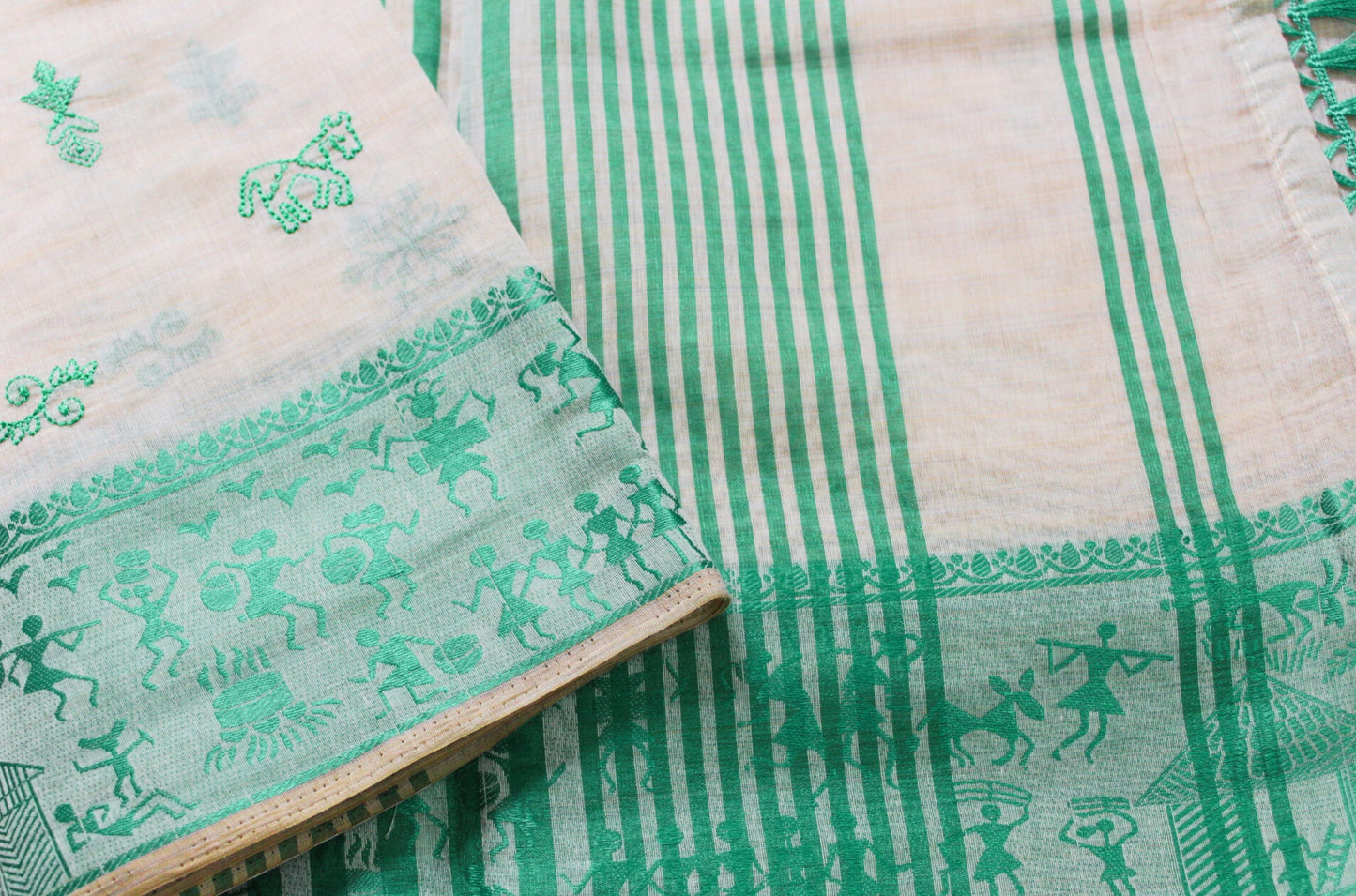 Kadambari - Off White Aqua Green Kantha Tussar Cotton Silk Saree