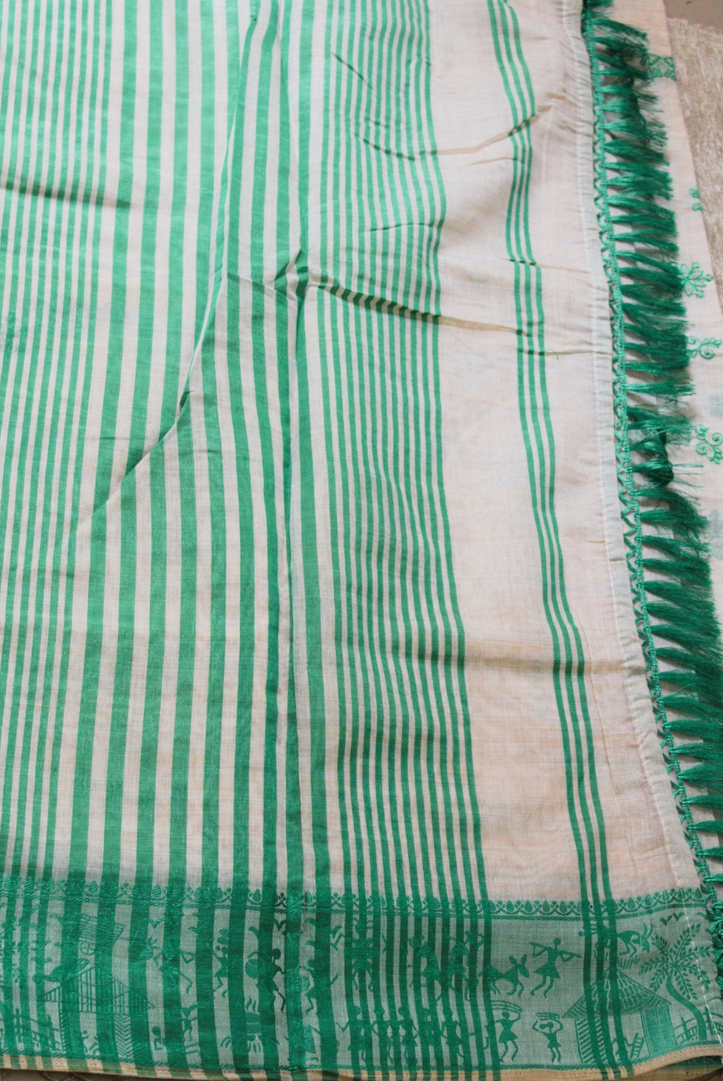 Kadambari - Off White Aqua Green Kantha Tussar Cotton Silk Saree