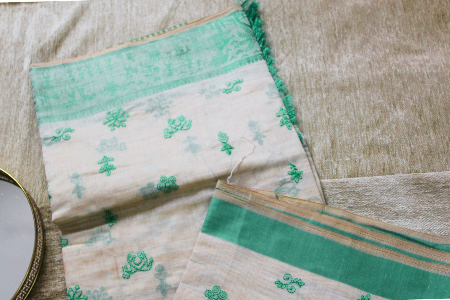 Kadambari - Off White Aqua Green Kantha Tussar Cotton Silk Saree