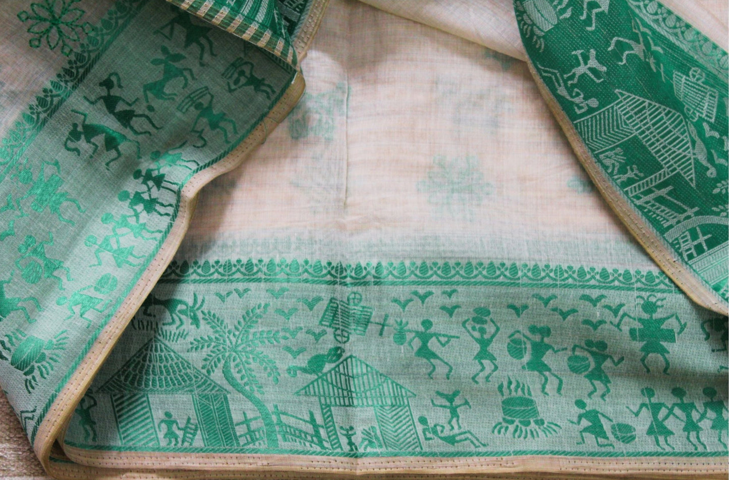Kadambari - Off White Aqua Green Kantha Tussar Cotton Silk Saree
