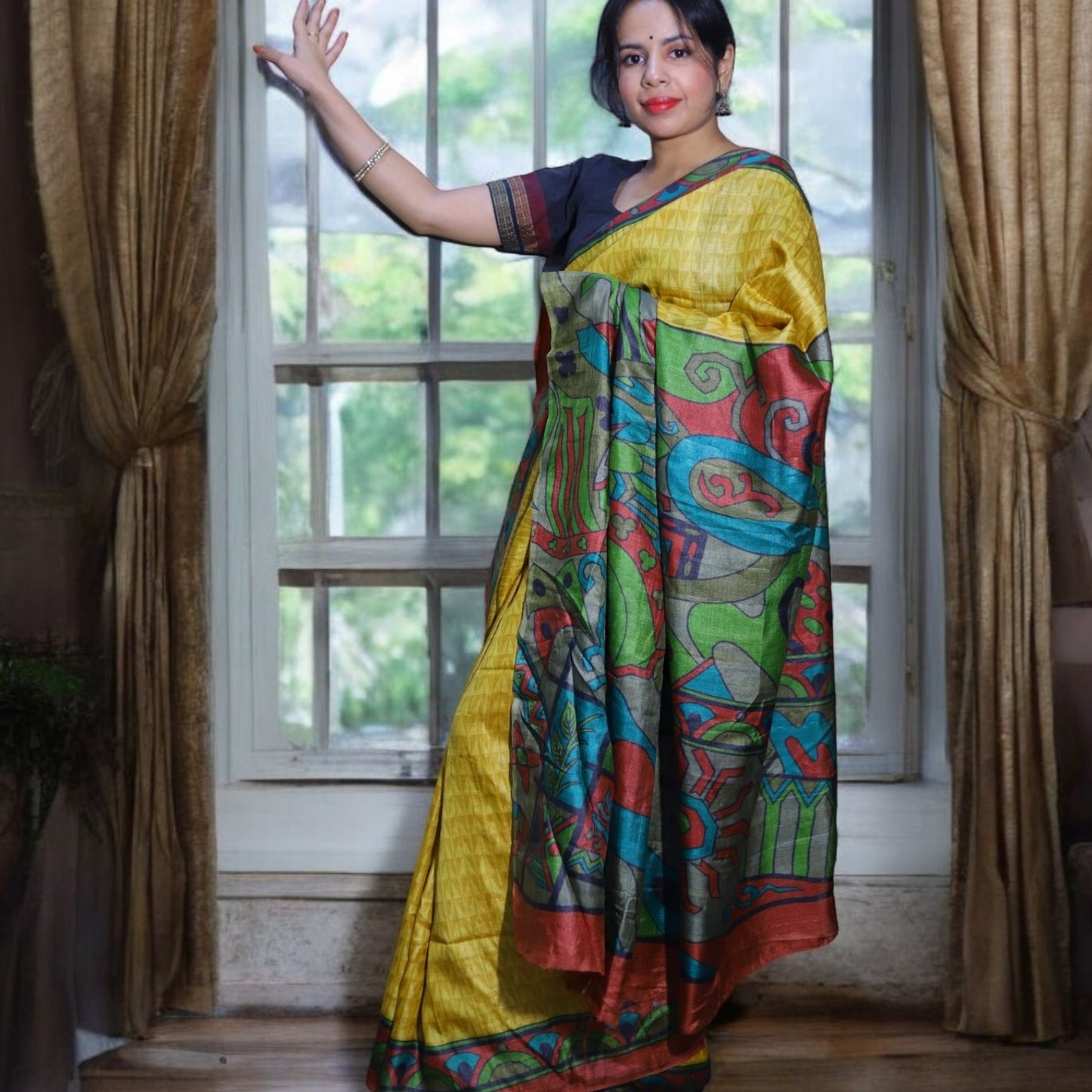 Yellow Printed Tussar Silk Saree