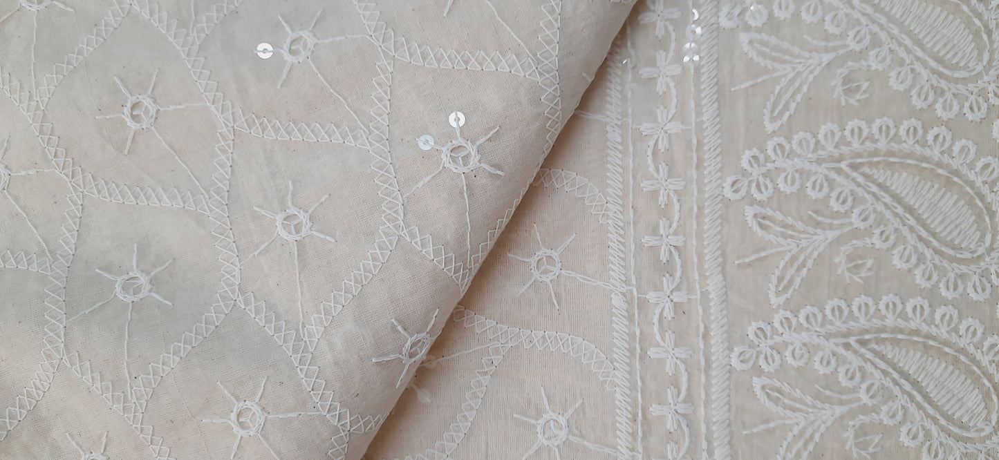 Off White Chikankari Sequined Pure Cotton Saree
