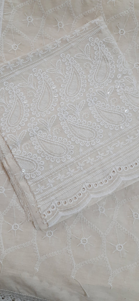 Off White Chikankari Sequined Pure Cotton Saree