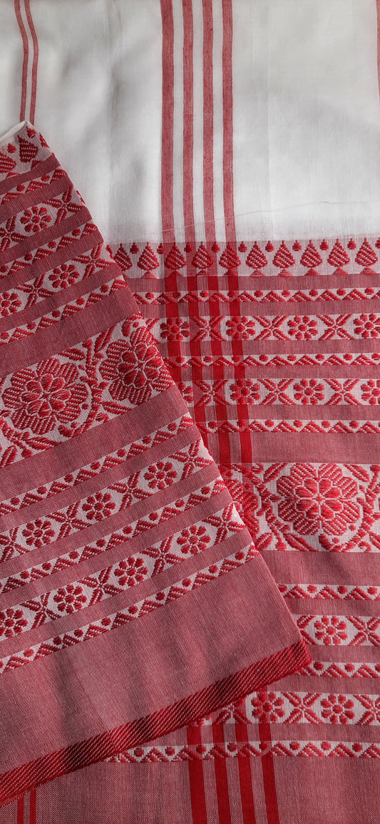 White Begampuri Cotton Saree with Red Handwoven Border