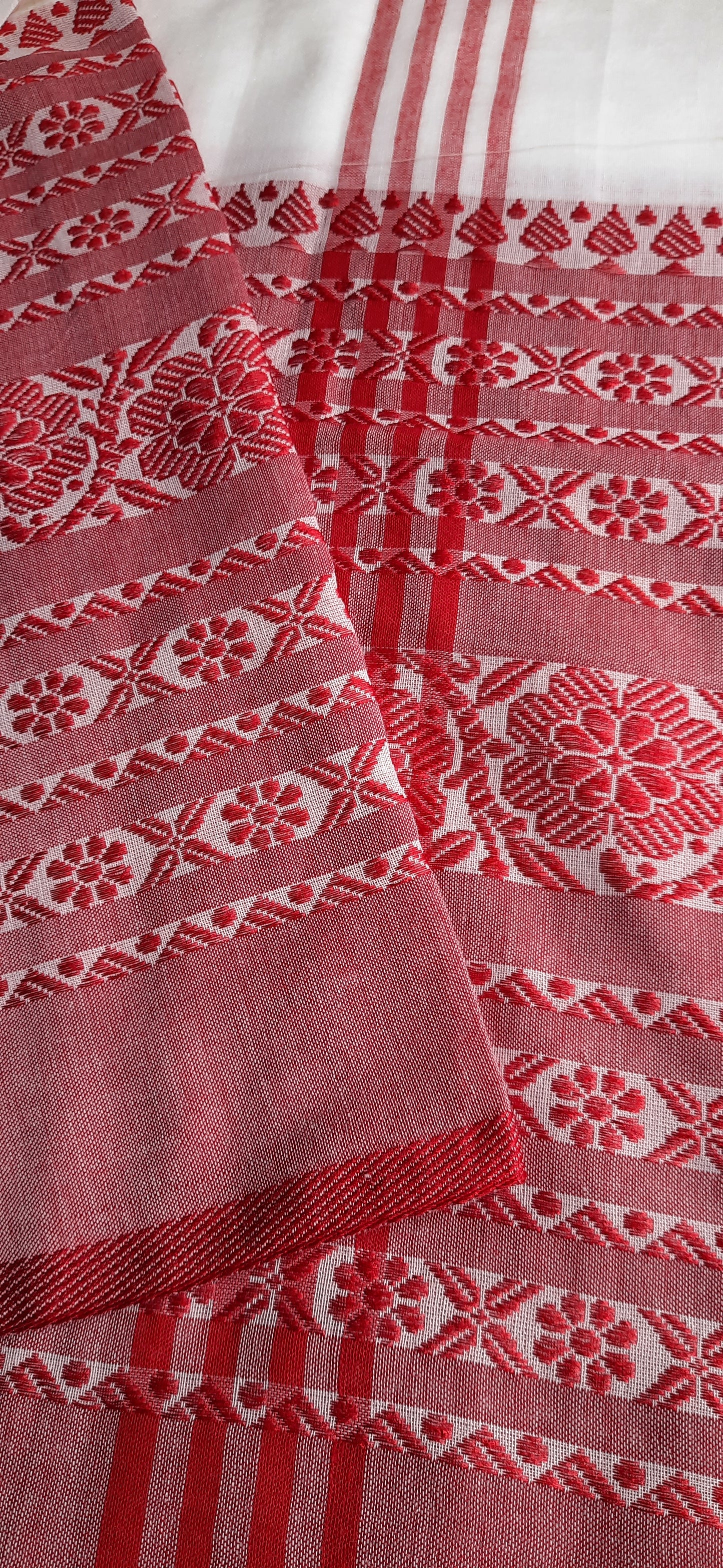 White Begampuri Cotton Saree with Red Handwoven Border