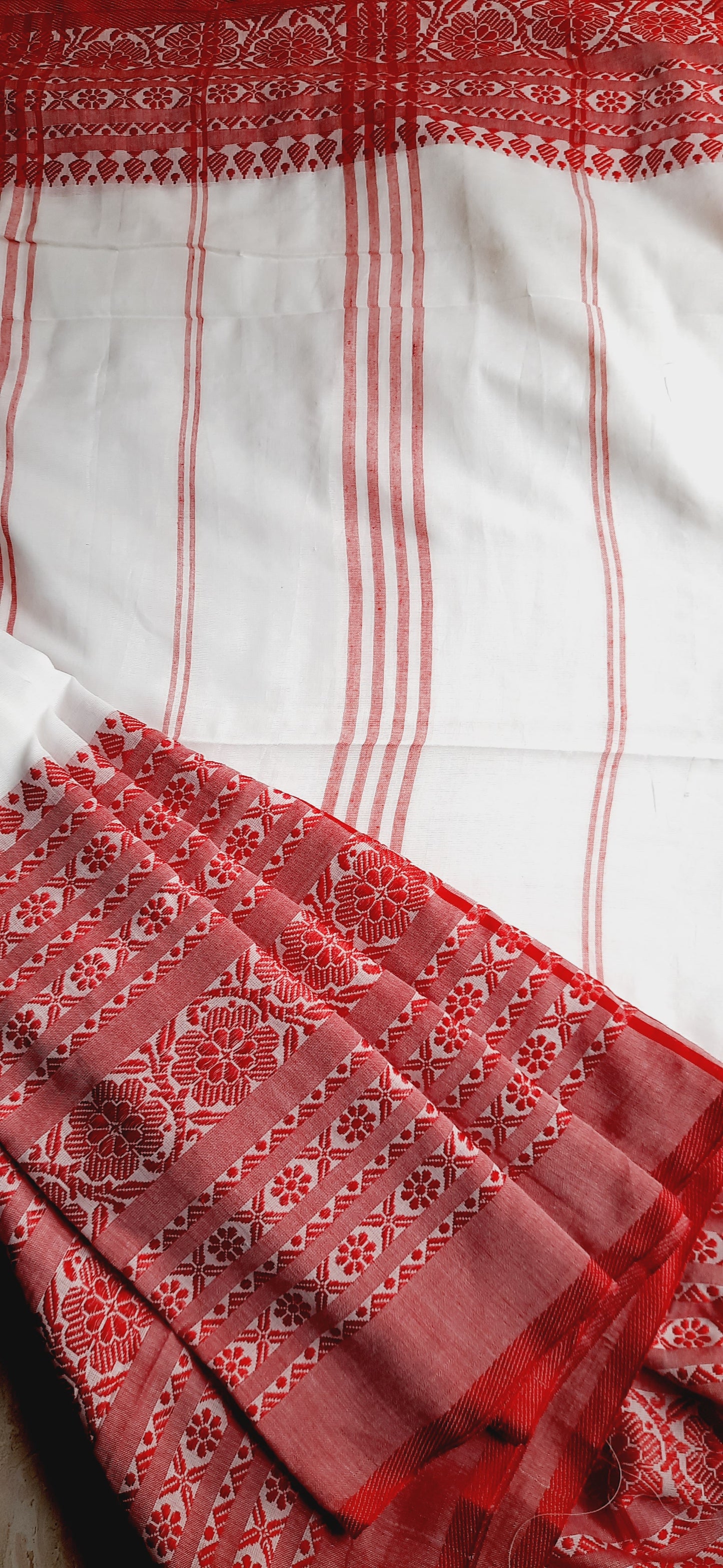 White Begampuri Cotton Saree with Red Handwoven Border