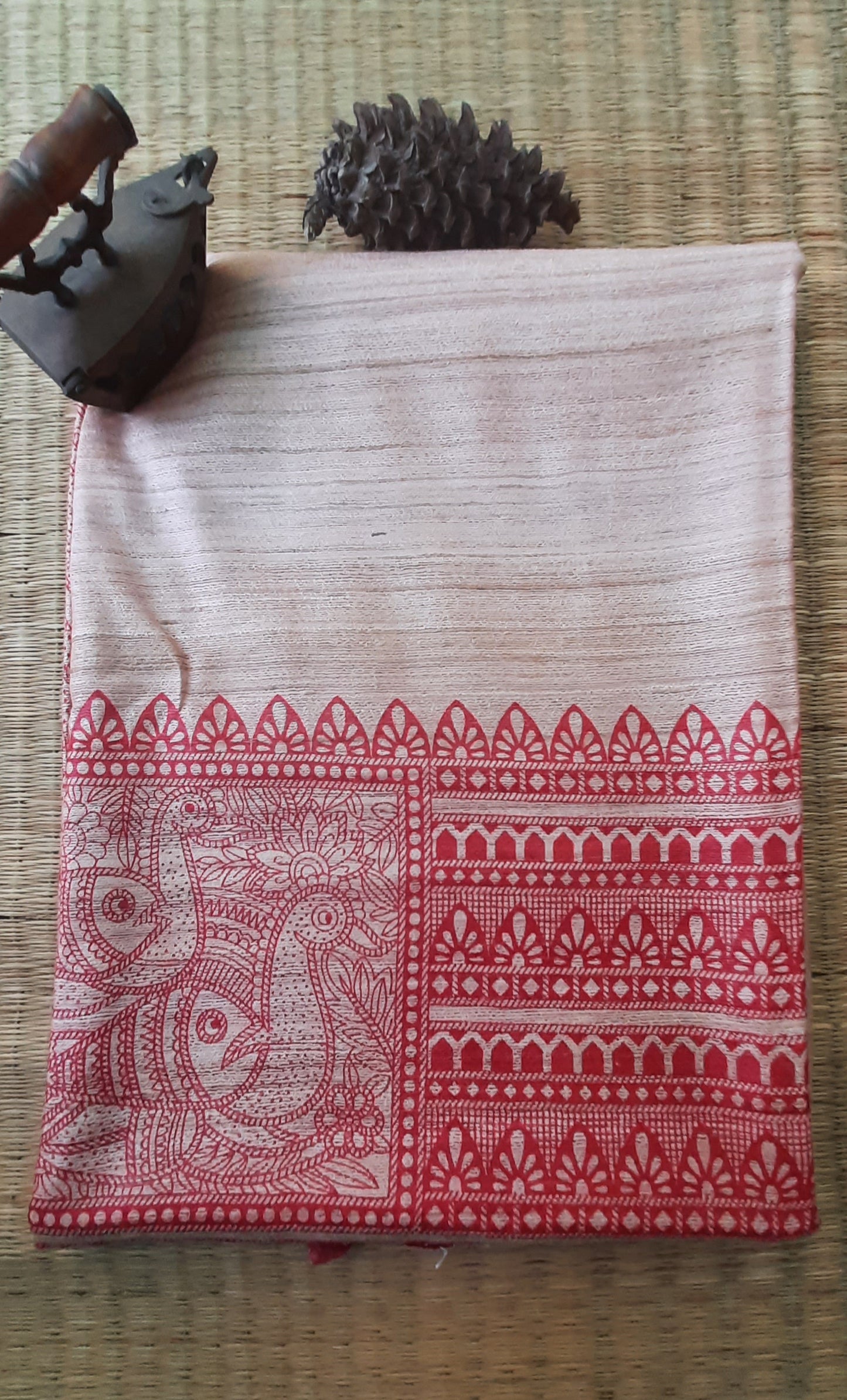 APRA - Beige Madhubani Print Tussar Silk Saree