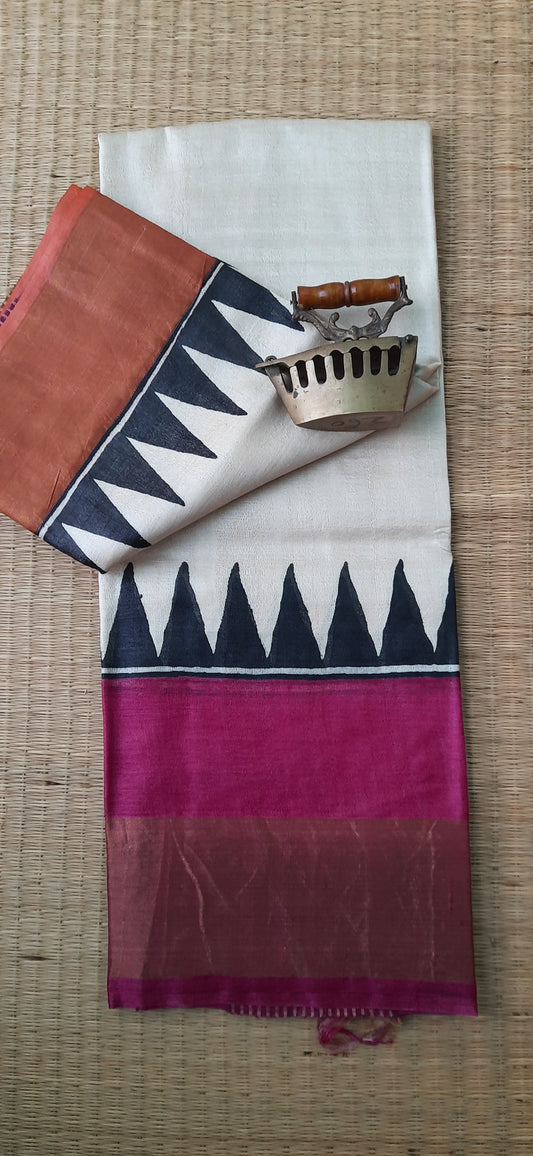 OFF White Black Temple Print Tussar Silk Saree