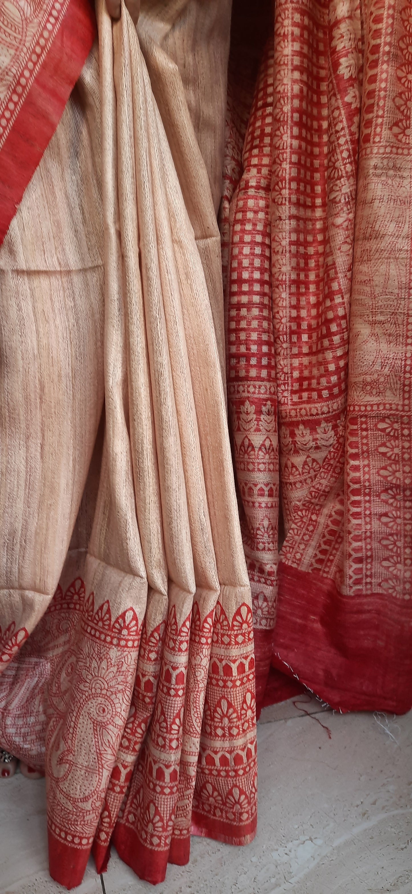 APRA - Beige Madhubani Print Tussar Silk Saree