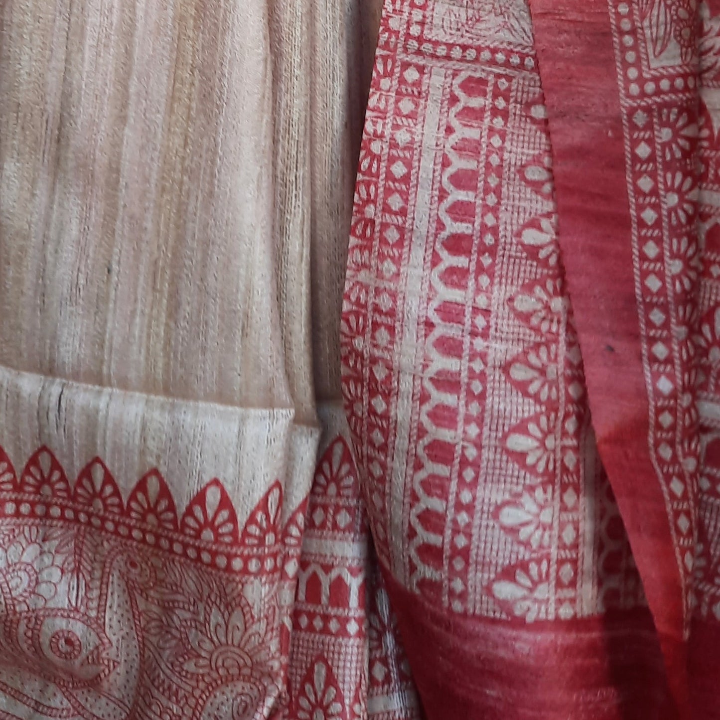 APRA - Beige Madhubani Print Tussar Silk Saree
