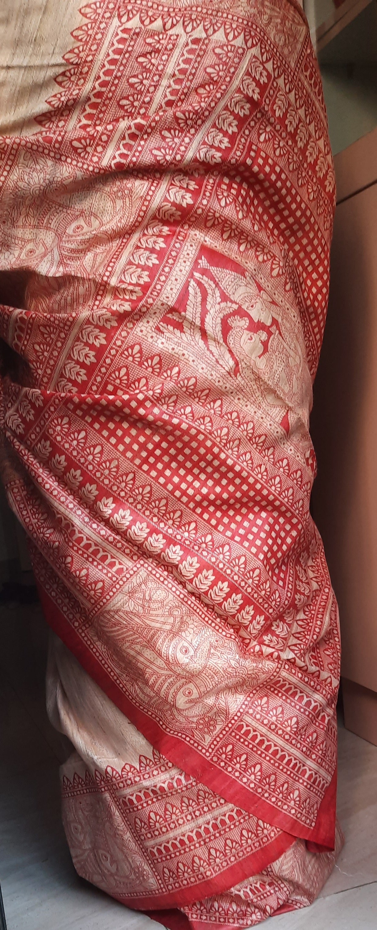 APRA - Beige Madhubani Print Tussar Silk Saree
