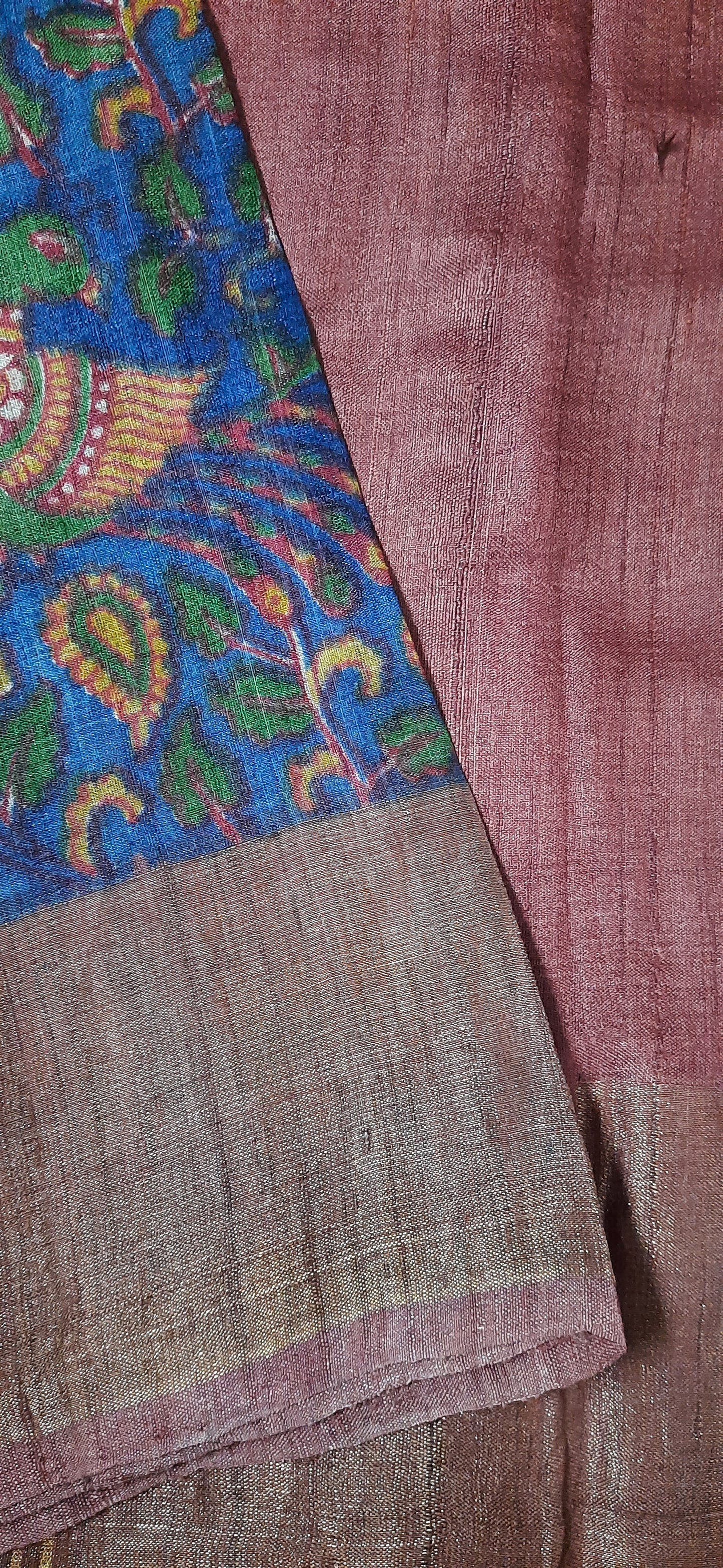 Blue Kalamkari Printed Tussar Silk Saree