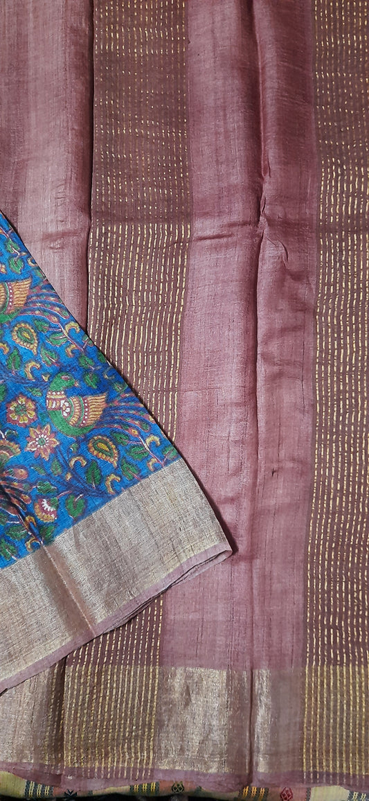 Blue Kalamkari Printed Tussar Silk Saree