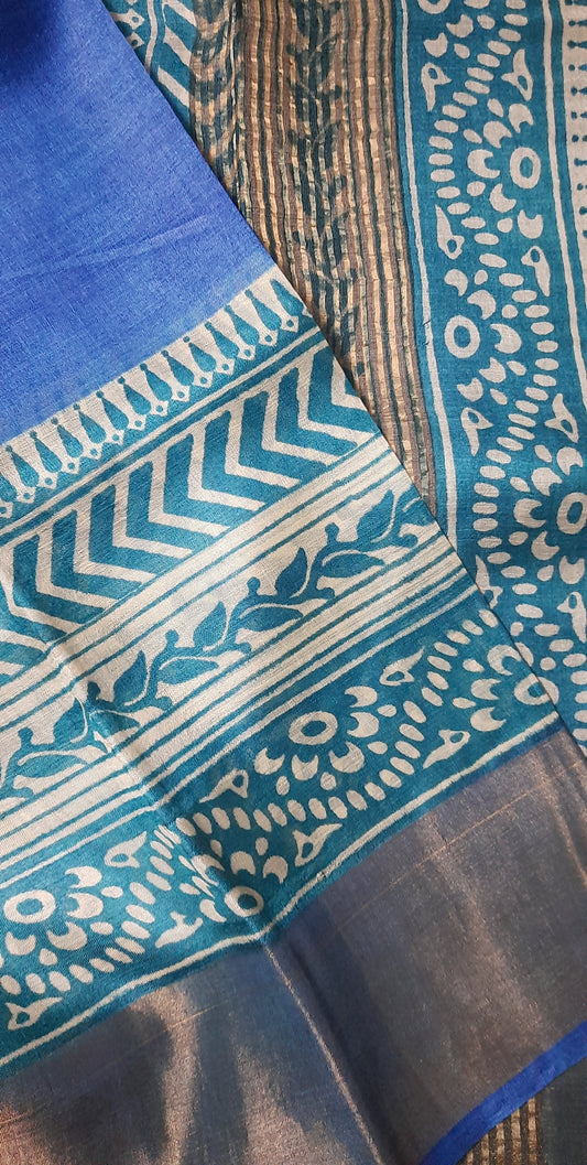 Blue Block Printed Tussar Silk Saree