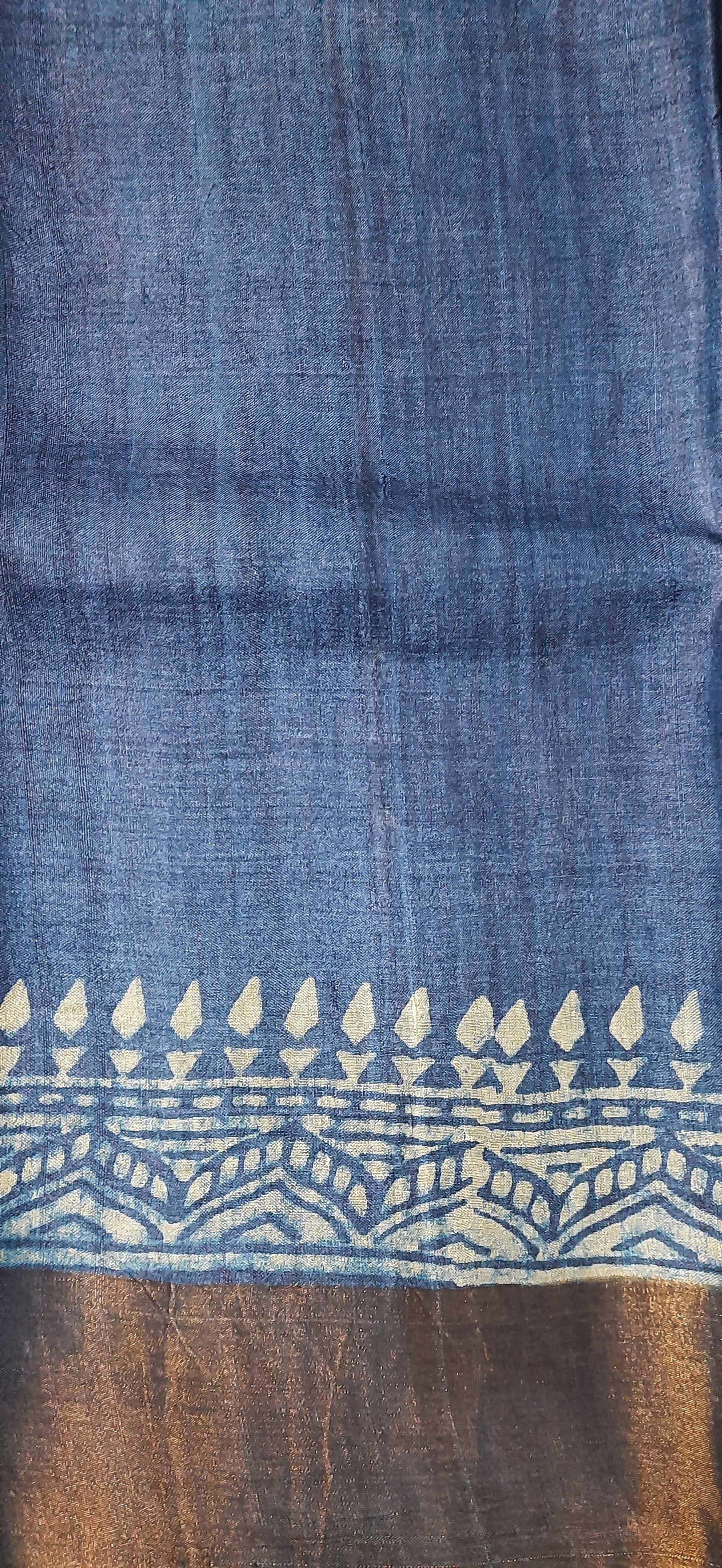Steel Blue Block Printed Tussar Silk saree