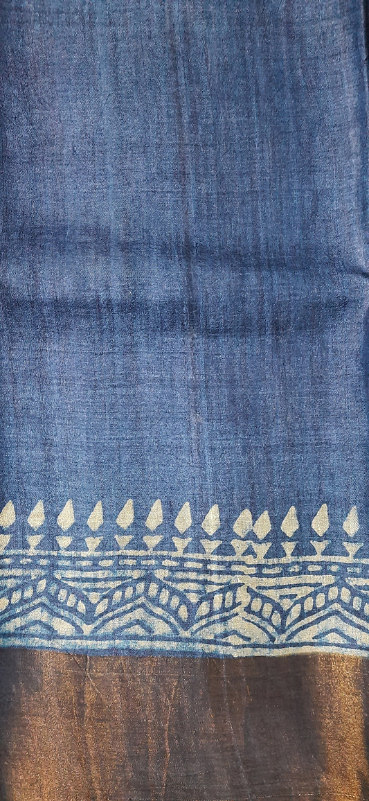 Steel Blue Block Printed Tussar Silk saree