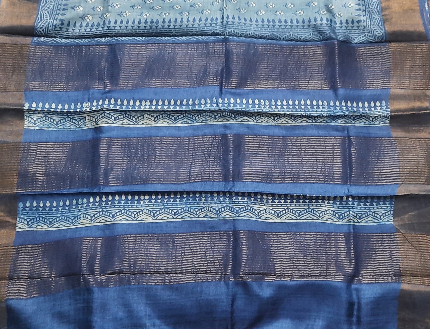 Steel Blue Block Printed Tussar Silk saree