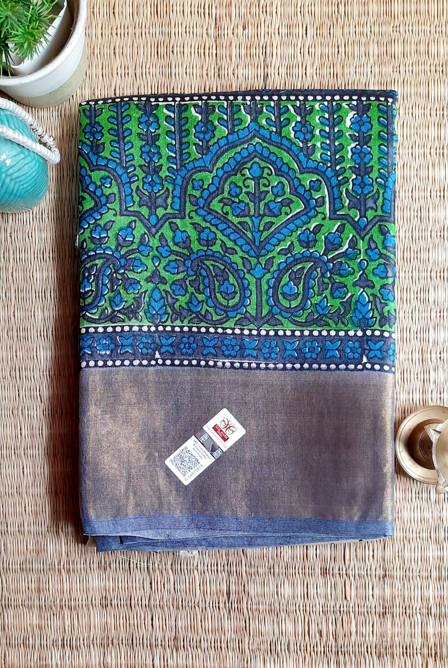 Off White Printed Tussar Silk Saree - Green Printed Dots