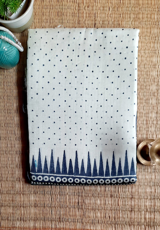 Off White Printed Tussar Silk Saree - Green Printed Dots