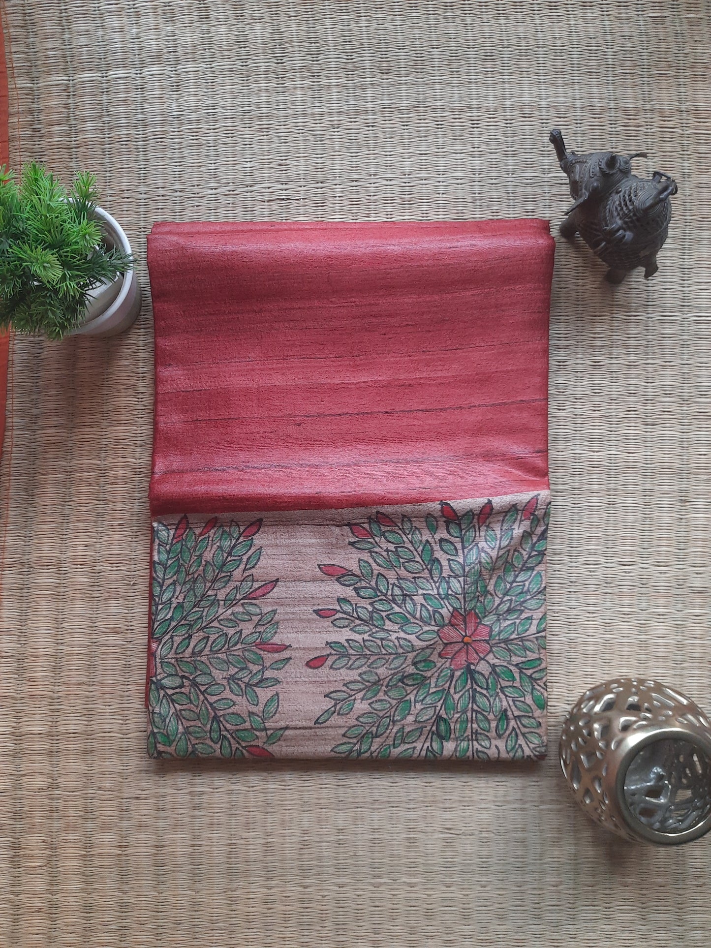 Red Madhubani Handpainted Handloom Tussar Silk Saree
