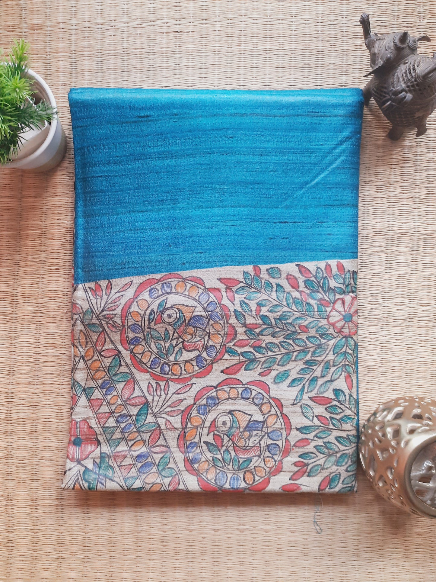 Blue Madhubani Handpainted Handloom Tussar Silk Saree