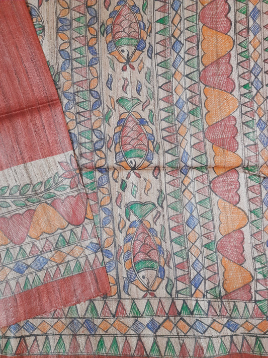 Red Madhubani Handpainted Handloom Tussar Silk Saree