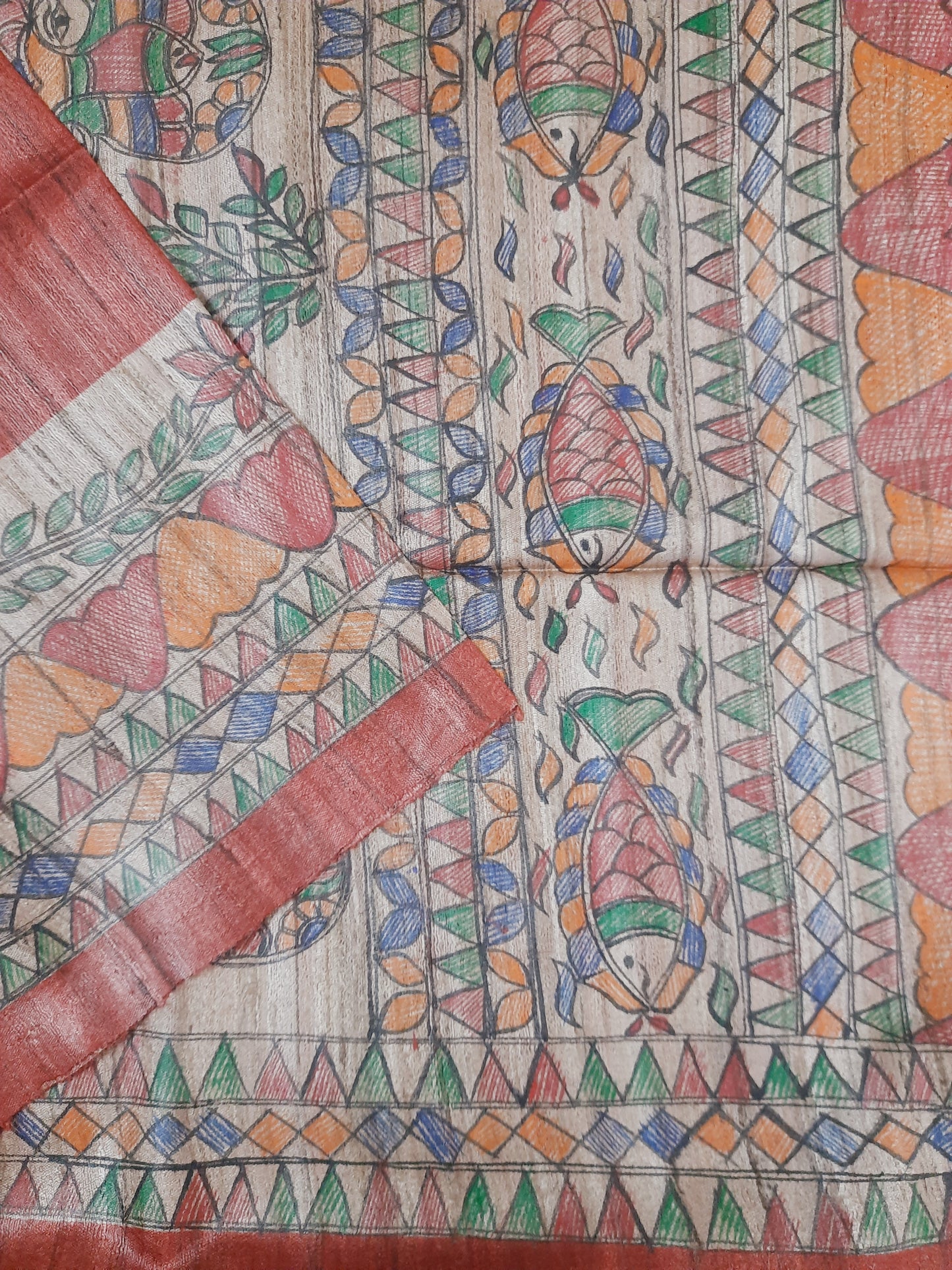 Red Madhubani Handpainted Handloom Tussar Silk Saree