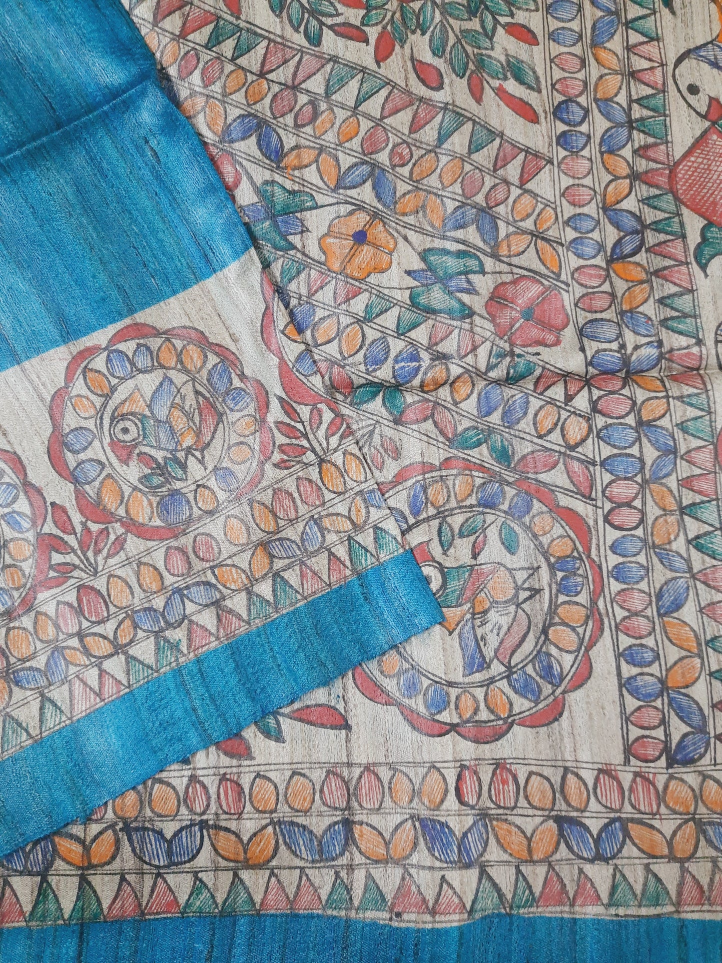 Blue Madhubani Handpainted Handloom Tussar Silk Saree