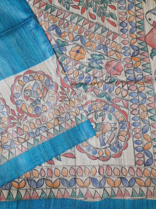 Blue Madhubani Handpainted Handloom Tussar Silk Saree