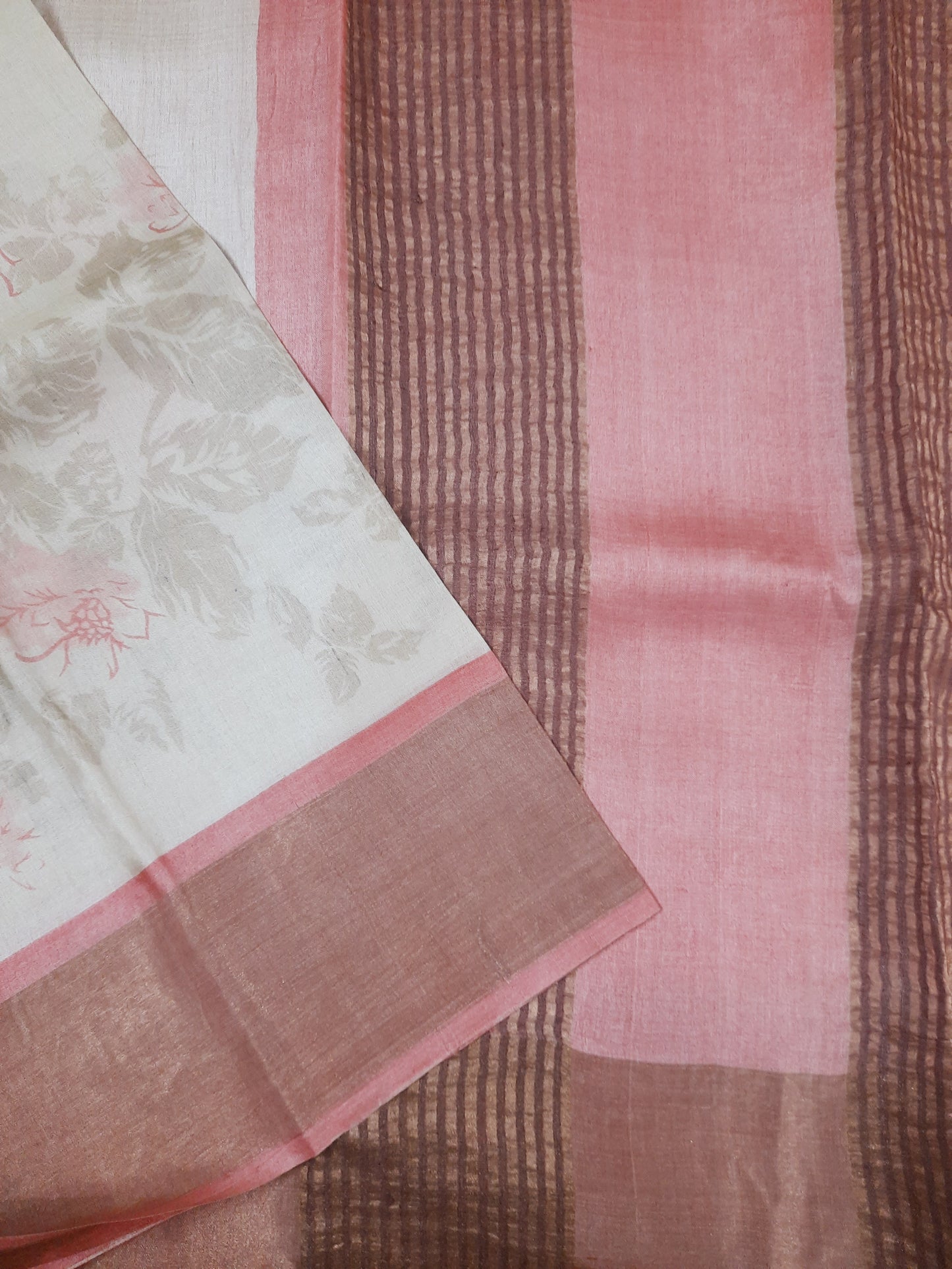 Cream Pure Tussar Slk Saree With Peach Florals