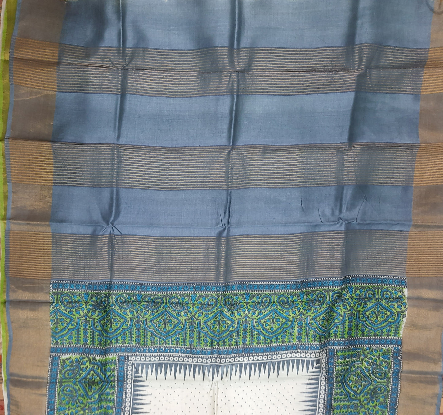 Off White Printed Tussar Silk Saree - Green Printed Dots