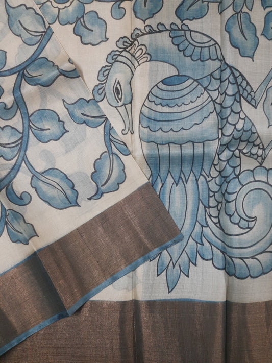Blue Handpainted Kalamkari Tussar Silk Saree