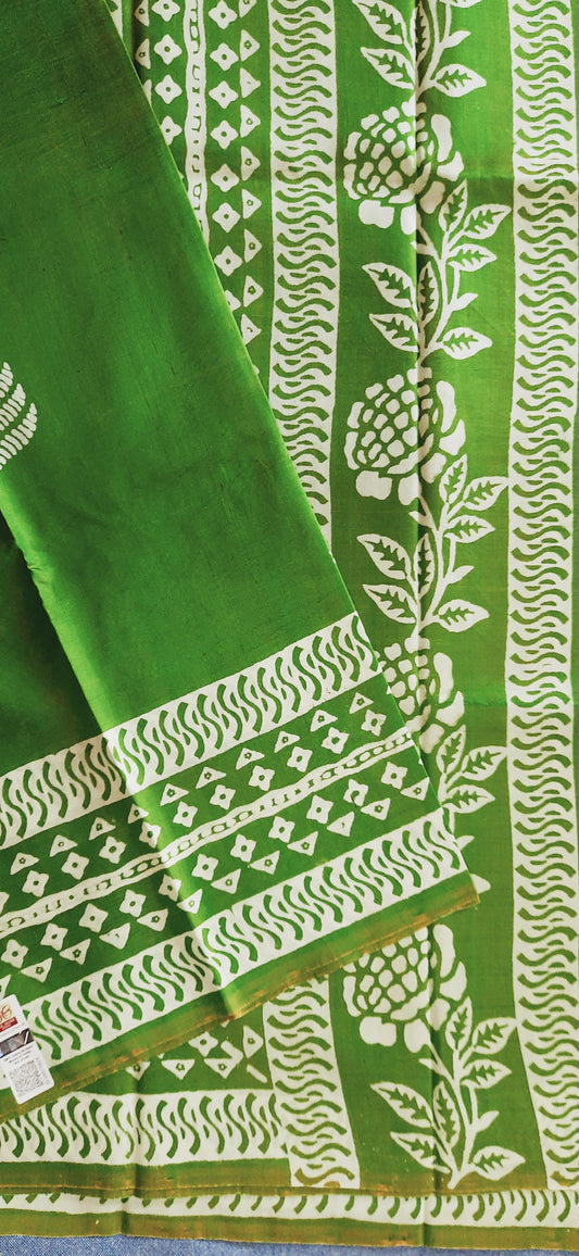 Lemon Green Bishnupuri Katan Silk Saree