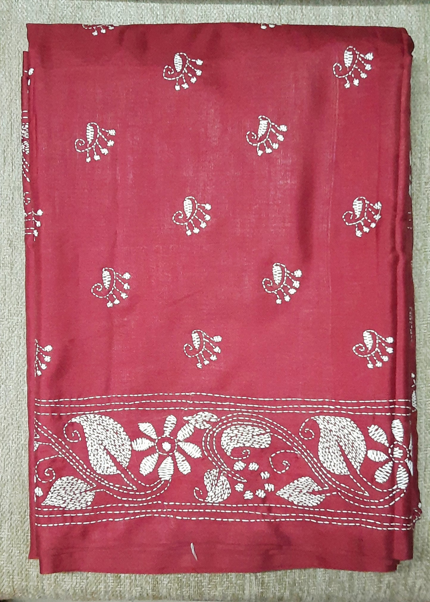 Maroon Silk Kantha Embroidered Saree