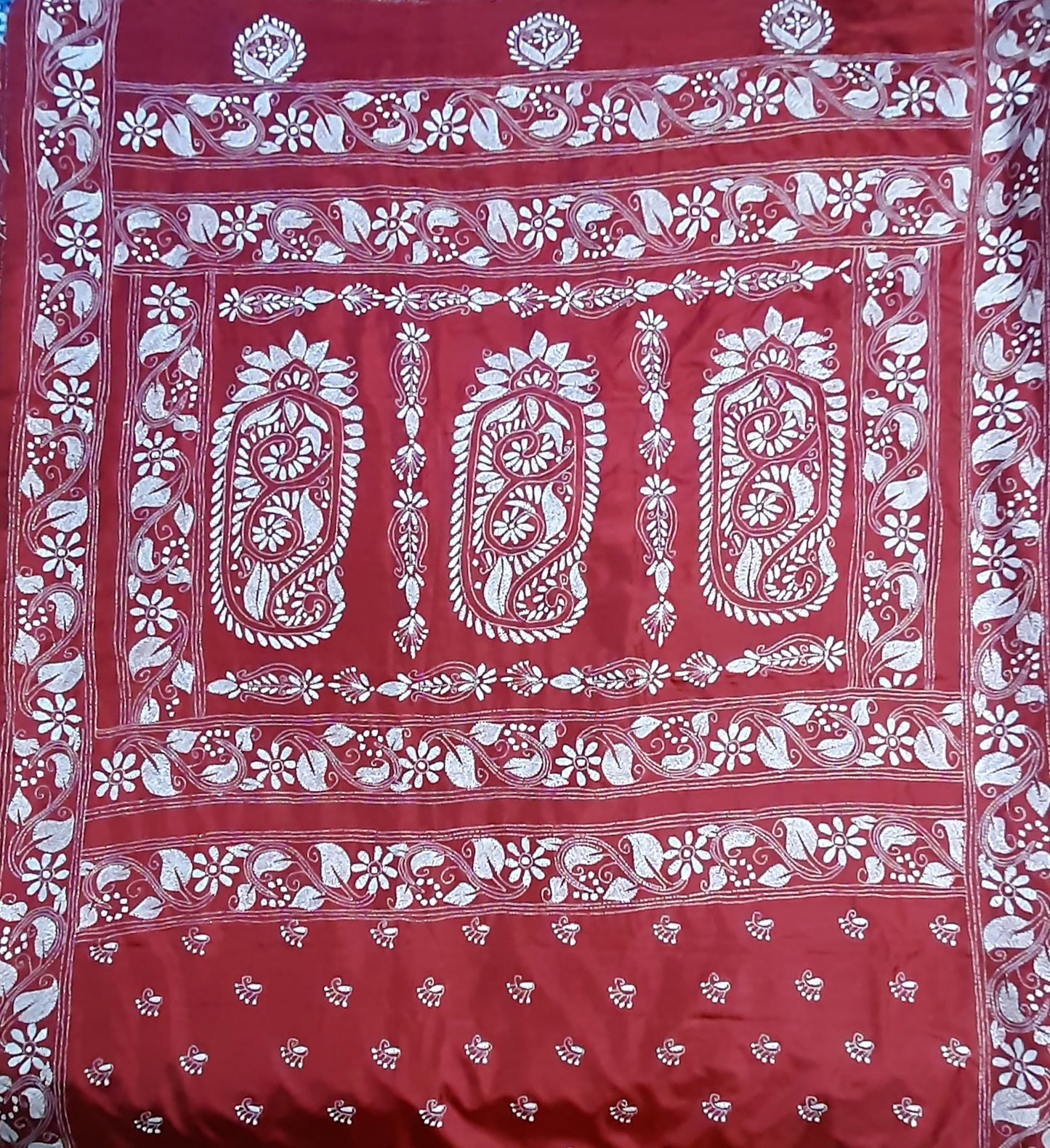 Maroon Silk Kantha Embroidered Saree