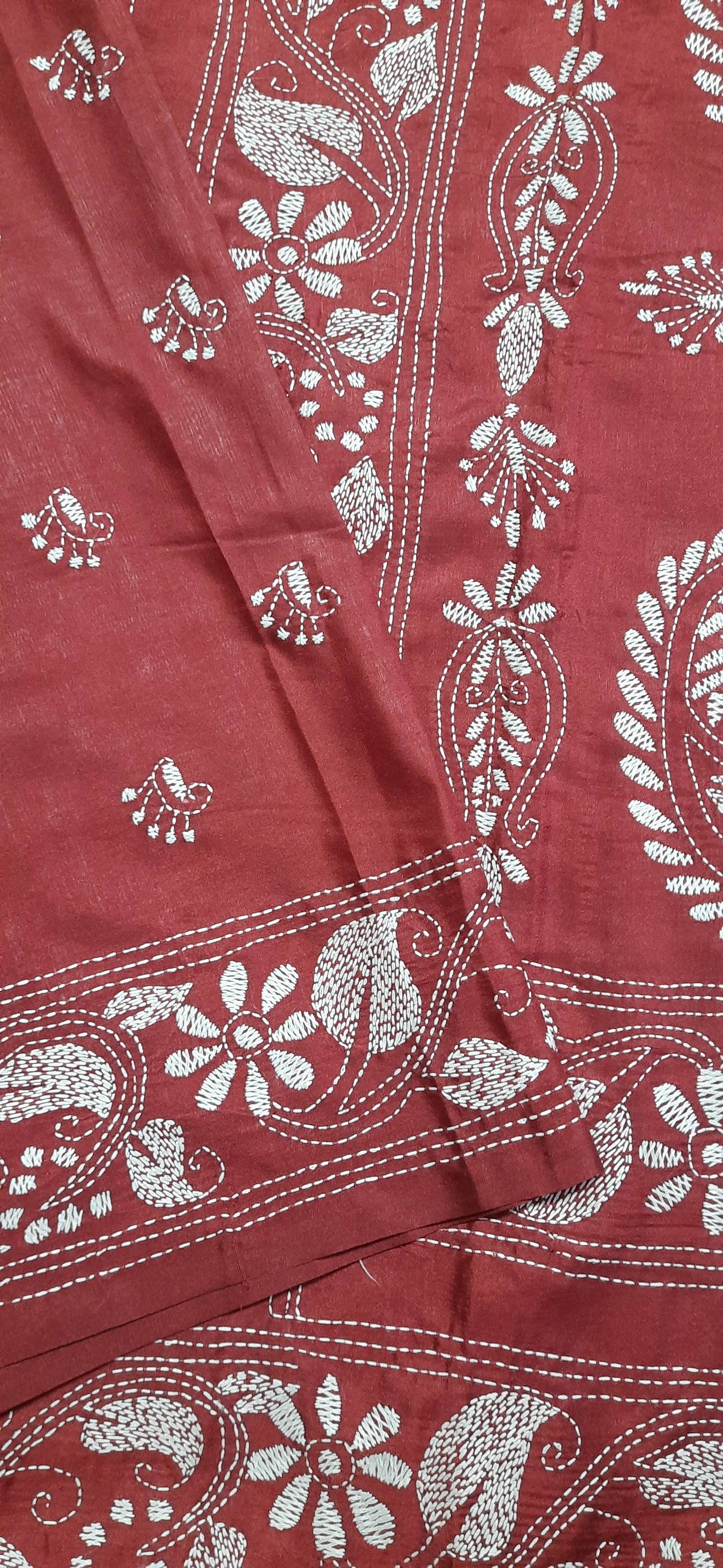 Maroon Silk Kantha Embroidered Saree