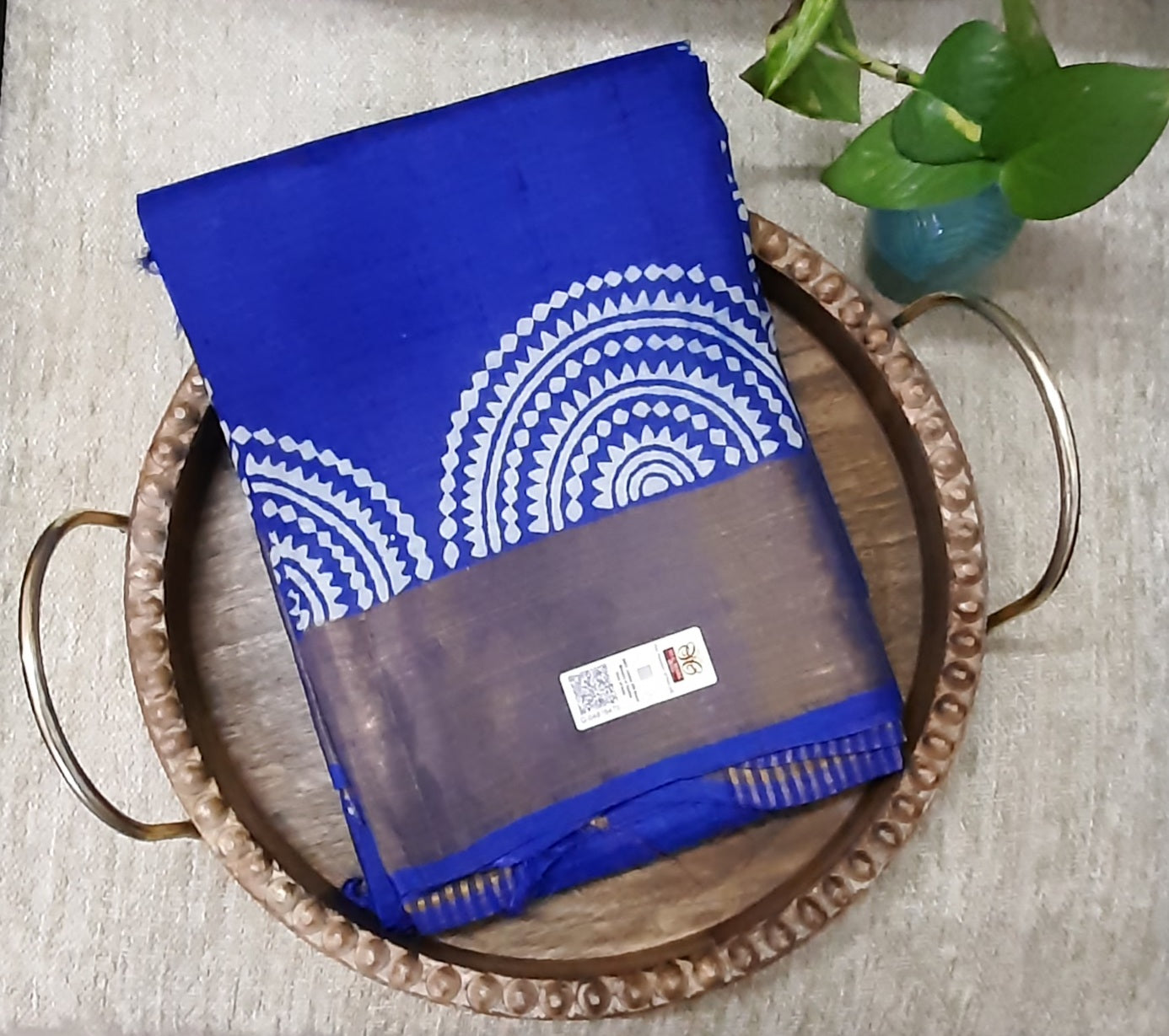 Royal Blue Block Printed Pure Tussar Silk Saree