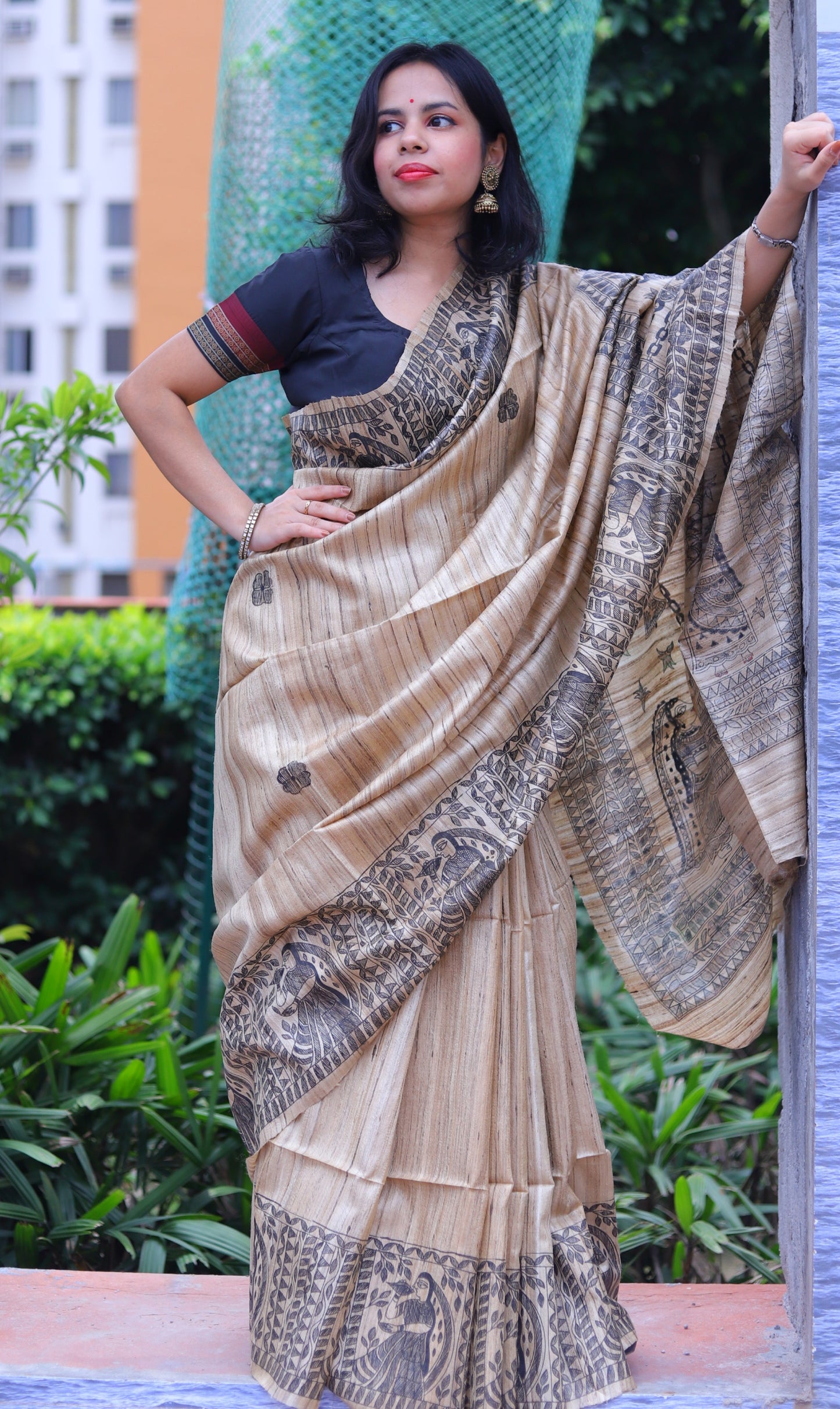 Beige Handpainted Handloom Tussar Silk Saree