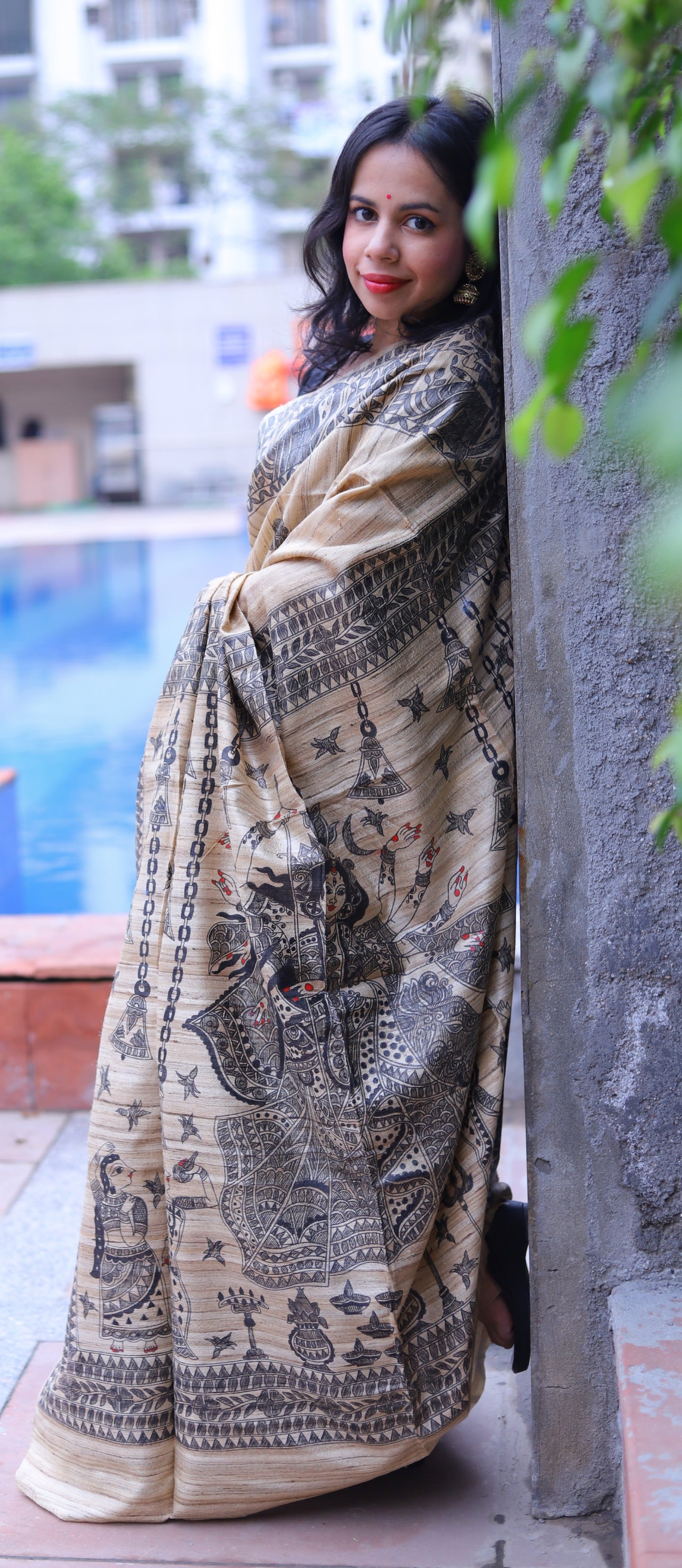 Beige Handpainted Handloom Tussar Silk Saree